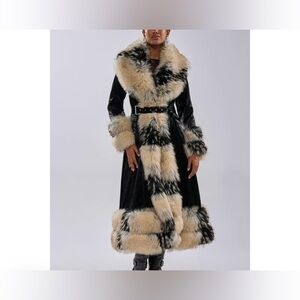 NWT Elegant Black and Cream Faux Fur Trimmed Coat